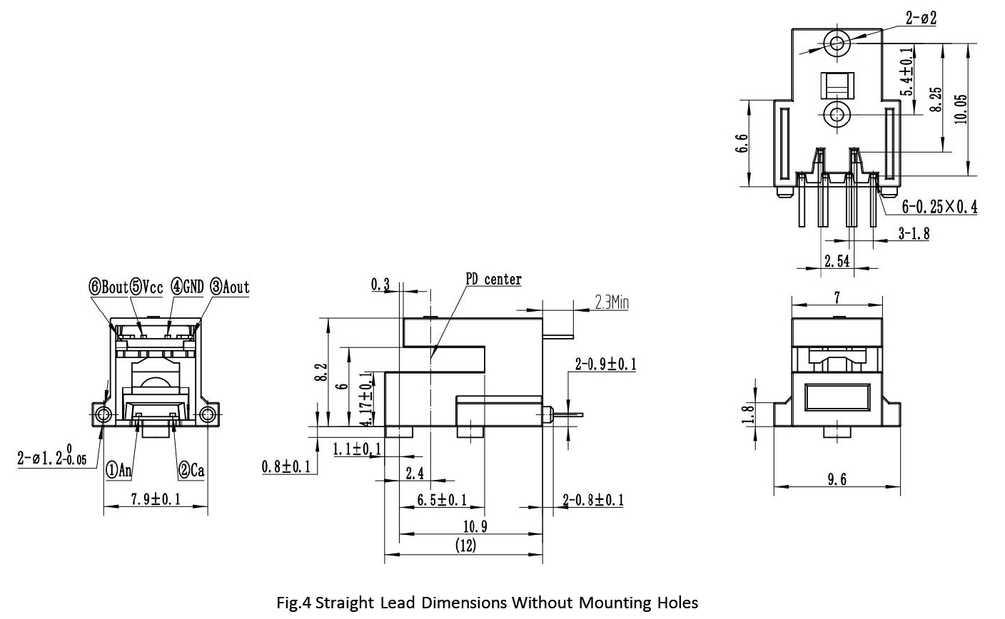 RK Series Optical Encoder Modules Straight Lead Dimensions