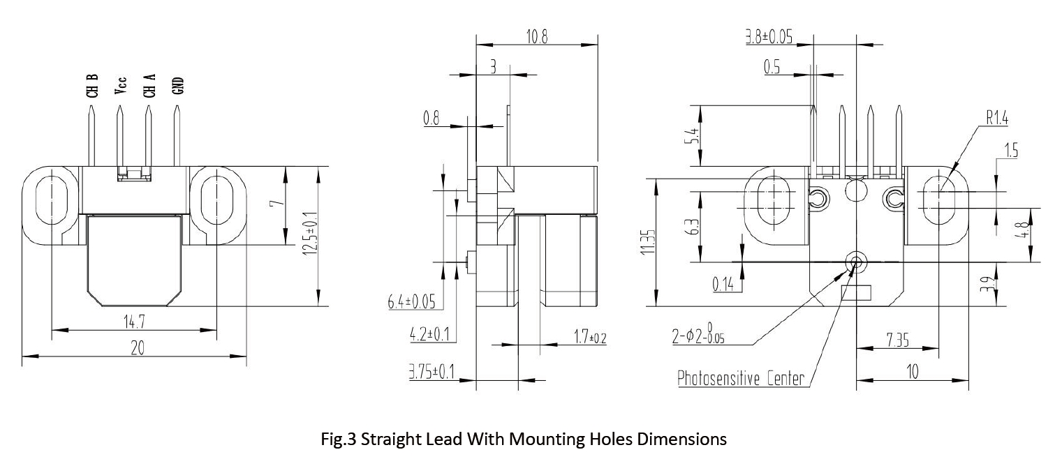 RS972 Series Optical Encoder Modules Straight Lead With Mounting Holes Dimensions