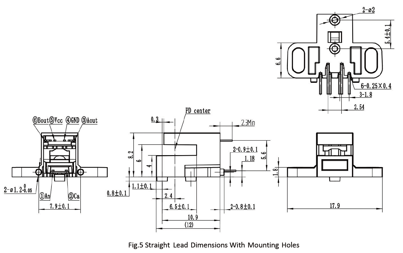 RK Series Optical Encoder Modules Straight Lead Dimensions