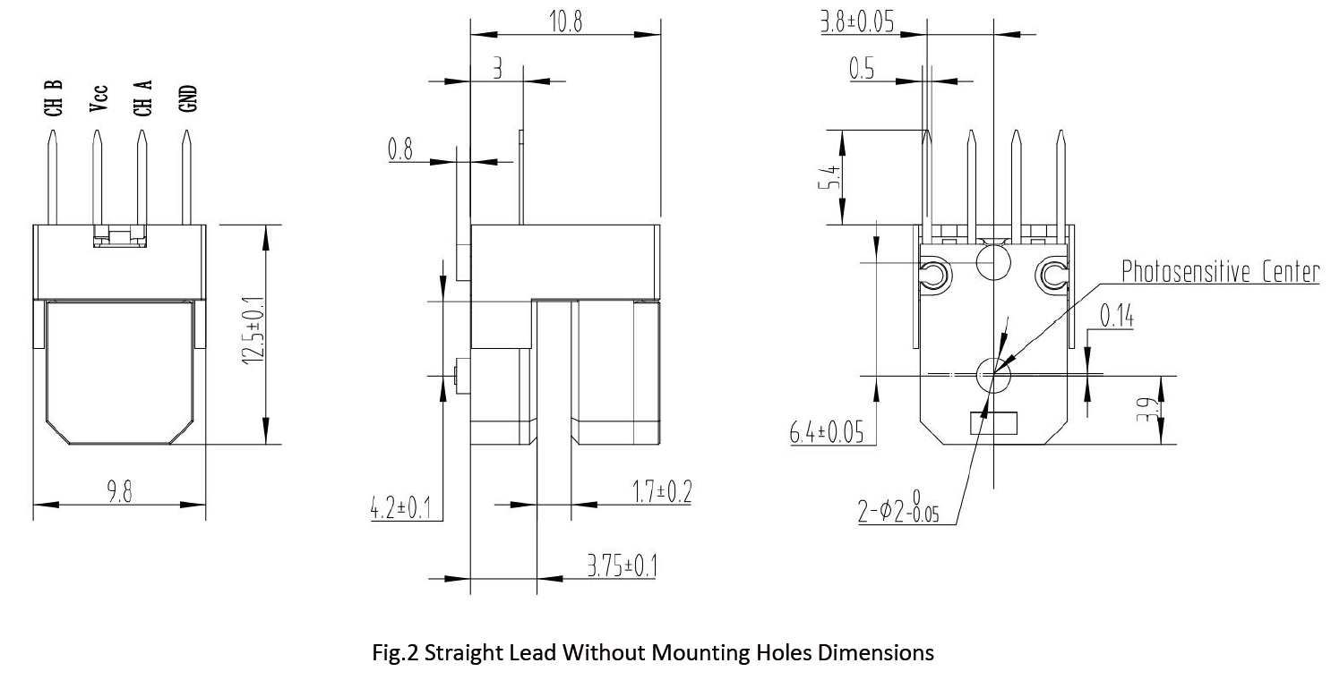RS972 Series Optical Encoder Modules Straight Lead Without Mounting Holes Dimensions