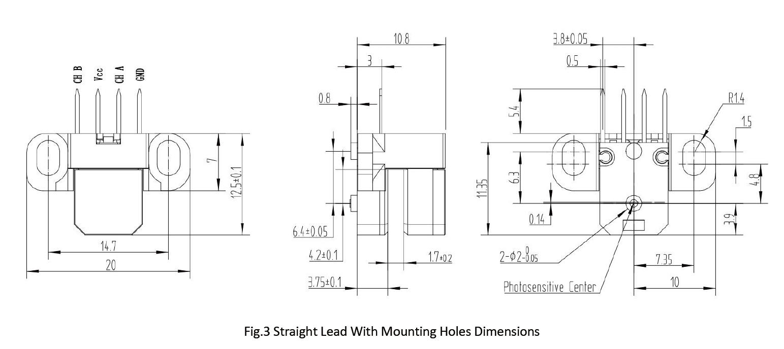 RS970 Optical Encoder Modules Straight Lead With Mounting Holes Dimensions