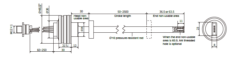 MH Series Magnetostrictive Displacement Sensors Head non-usable area