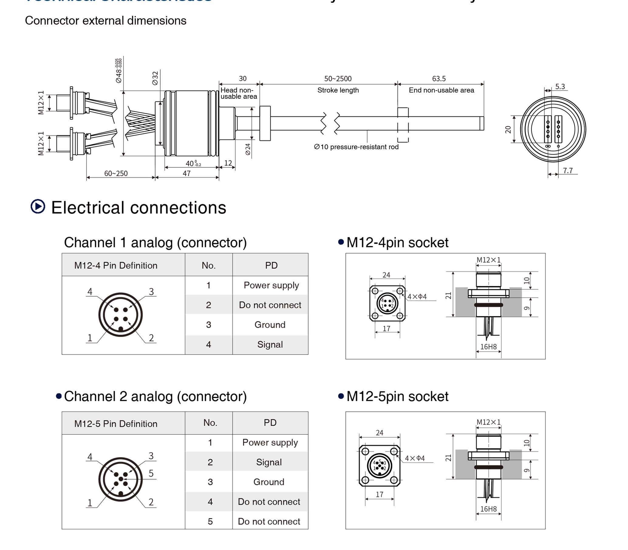 MT Analog output linear sensor Electrical connections
