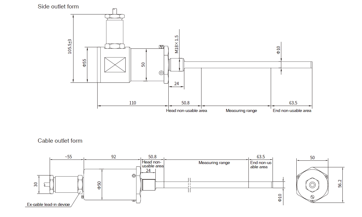 Dimensions of FBGB explosion-proof sensors