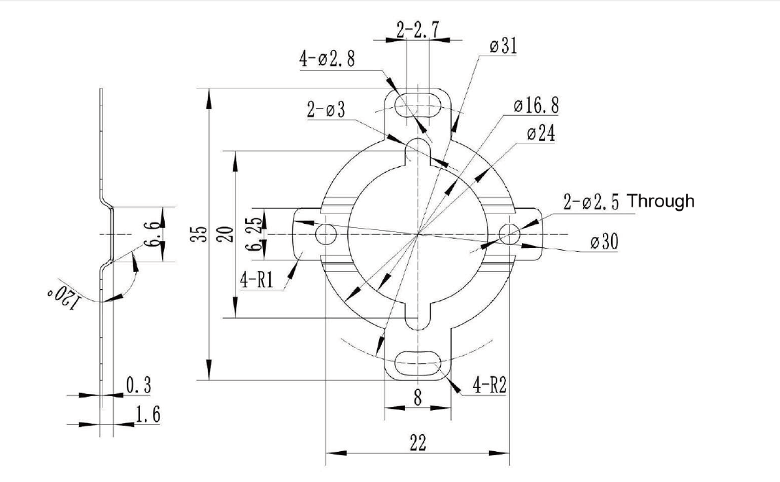 MP1631-704R (BP Type-Flat Profile with ⌀31 Mounting Holes) Leaf Spring Mechanical Drawing MP1631-704R (BP Type-Flat Profile with ⌀31 Mounting Holes) Leaf Spring Mechanical Drawing
