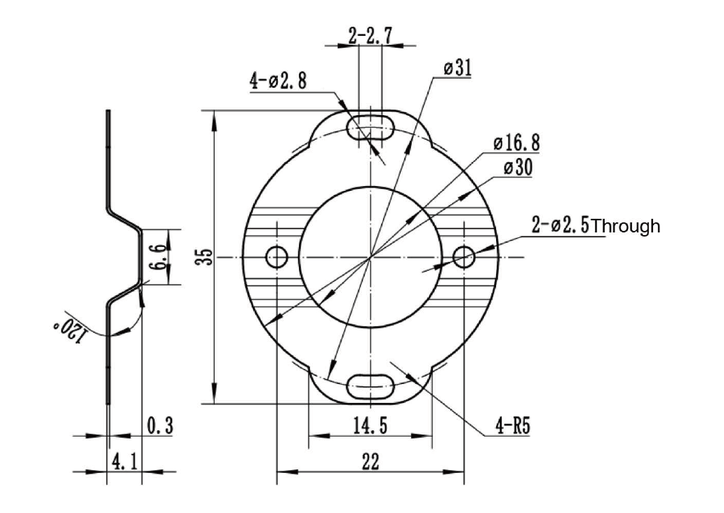 MP4131-704R (BM Type-Medium Profile with ⌀31 Mounting Holes) Leaf Spring Mechanical Drawing MP4131-704R (BM Type-Medium Profile with ⌀31 Mounting Holes) Leaf Spring Mechanical Drawing