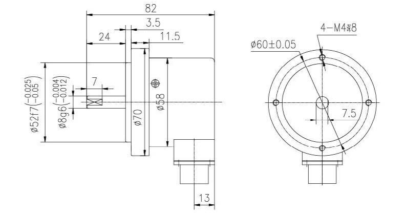 S7008 70mm solid shaft incremental encoder mechanical dimension drawing