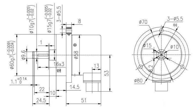 F5810-05 58mm keyed flange incremental encoder mechanical dimension drawing F5810-05 58mm keyed flange incremental encoder mechanical dimension drawing